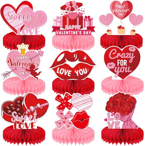 Valentines Day Decorations Honeycomb Centerpiece, 9PCS Valentines Day Table Decor Heart Love XOXO Table Toppers Decorations Party Supplies, Pink Red