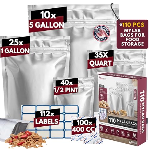 110pcs Mylar Bags for Food Storage - 10.6 Mil Thick 4 Sizes (10x5 Gallon, 25x1 Gallon, 35x1 Quart, 40x1/2 Pint), Resealable Bags with 110 Oxygen Absorbers & 112 Labels, Smell Proof & Heat Sealable