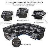 Manual Sectional with Recliners,Ambient Floor Lighting,Faux Leather Reclining Sectionals Sofa for Living Room L Shape Corner Couch with AC/USB Port,Cup Holder, Storage Console,2 Recliner Seat,Black