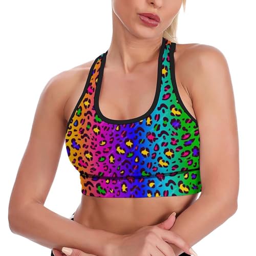 Rainbow Leopard Sports Bras for Women Longline Padded Workout Tank Tops Support Yoga Crop Tops for Women M