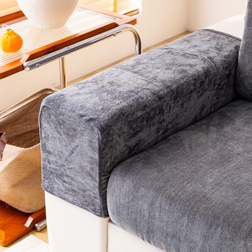 WEYOND Chenille Sofa Armrest Covers, Soft Stretch Non-Slip Couch Arm Covers for Sofa, Chair or L Shaped Sectional, Furniture Protector (2 Pieces, Dark Grey)