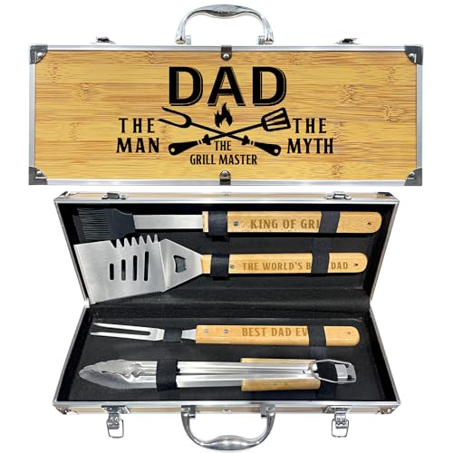 Dad Birthday Gifts from Daughter Heavy Duty Wooden BBQ Grilling Accessories Kit for Backyard, Thick Stainless Steel Grill Utensils with Non-Slip Handle Tools in Portable Bag Christmas