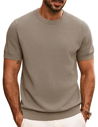 PJ PAUL JONES Men's Crewneck Shirt Fashion Textured T-Shirts Solid Short Sleeve Pullover Shirts Camel