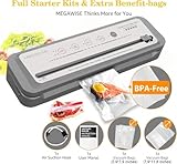 MEGAWISE Vacuum Sealer Machine, Portable Strong Suction Power Food Sealer, Bags and Cutter included with External Vacuum Function, Freshness Saver（Silver)