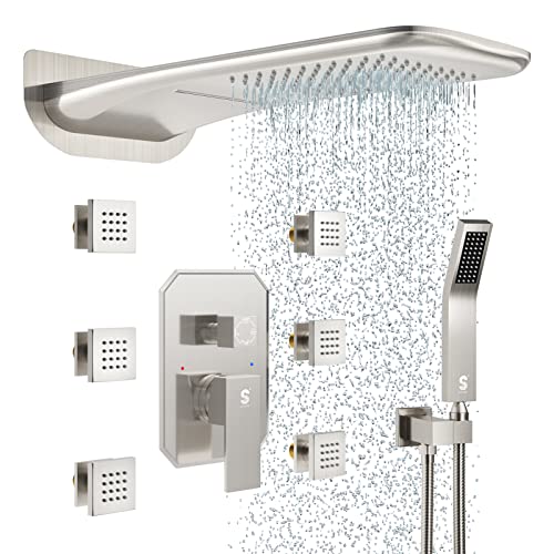 4-Function Waterfall Shower System with Body Jets, SR SUN RISE Full Body Rainfall Shower System with Handheld Shower Faucet Complete Sets, Wall Mounted Shower Fixture Set for Bathroom, Brushed Nickel