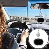 Fabbay 6 Pcs Fluffy Steering Wheel Cover Set Bling Fluffy Car Accessories for Women Bling Cup Holder Mat Fuzzy Handbrake Gear Shift Cover and Rearview Mirror Decoration for Car Decor(Black)