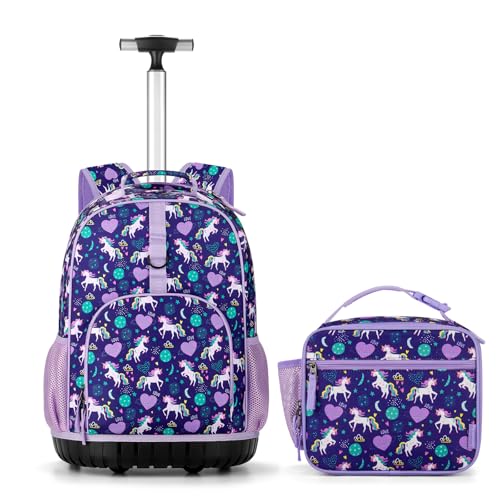 Choco Mocha Kids Rolling Backpack for Girls, 18 Inch Roller Backpack for Elementary School Bookbag with Wheels, Unicorn Rolling Backpacks with Lunch Bag Set for Girls,Purple