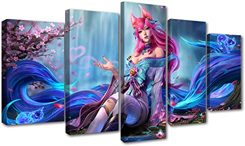 Oil Painting Canvas Poster Framed Lol Ahri Spirit Blossom Set of 5 Ready To Hang (Framed)(59x33Inch)