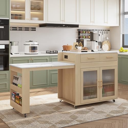 HLR Kitchen Island with Extendable Dining Table, Marble Grain Top Kitchen Island with Power Outlet, Rolling Kitchen Island Cart on Wheels with Storage Cabinet and 2 Drawers, Island Table for Kitchen