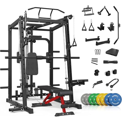 Mikolo All-in-One Smith Machine Home Gym, 2000LBS Power Cage with Cable Crossover System, Integrated Squat Rack with Weight Bar for Full-Body Training—LAT Pulldown, T-Bar Row, Triceps, Chest Fly