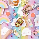 Rainbow Party Supplies, Serves 24 Guests, Pastel Dinnerware Set Includes 2 Tablecloth, Cloud Napkins, Rainbow Cups, Plates and Happy Birthday Banner Decorations, Valentine's Day, 99 Piece