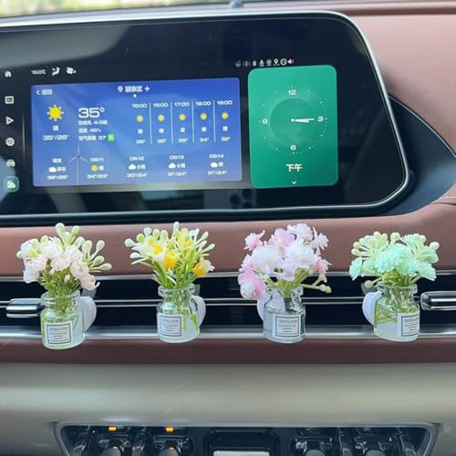Set of 4 Cute Flower Bouquet in Glass Vase Car Air Freshener Vent Clips, Mini Artificial Flowers for Car Air Vent Decoration, Auto Interior Dash Ornament Accessories