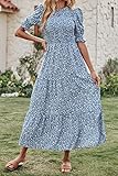 BTFBM Women Casual Summer Dresses 2024 Spring Crew Neck Ruffle Short Sleeve Floral Print Smocked Boho Flowy Maxi Dress(Floral Blue White, Medium)