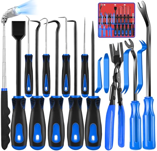 Keze 17 Pcs Hook and Pick Set Auto Trim Removal Tool Kit,Clip Plier Remover Tool Gasket Scraper Telescoping Magnetic Pickup Tool for Automotive Repair and Car Body Door Panel Fastener Removal