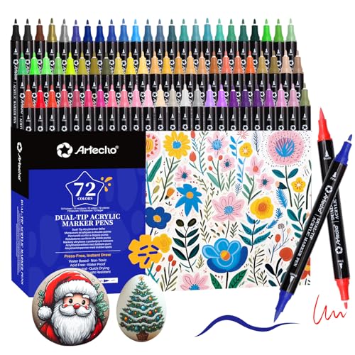 Artecho Acrylic Paint Markers 72 Colors, Acrylic Paint Pens with Brush Tip and Fine Tip for Stone, Rock Painting, Paper, Pumpkin, Wood, Egg, Canvas, Ceramic, Fabric, leather, Glass, DIY Crafts