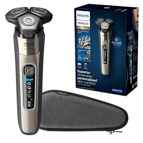 Philips Norelco 9400 Rechargeable Wet/Dry Electric Shaver with SenseIQ and Comfort Glide Ring Technology, Battery Powered, Silver, S9502/83