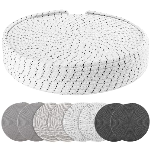 Round Woven Placemats Set of 8 with Holder Heat Resistant Placemats 13.5 Inches Farmhouse Cotton Rope Place Mats for Dining Tables Trivets for Hot Dishes, Grey Set