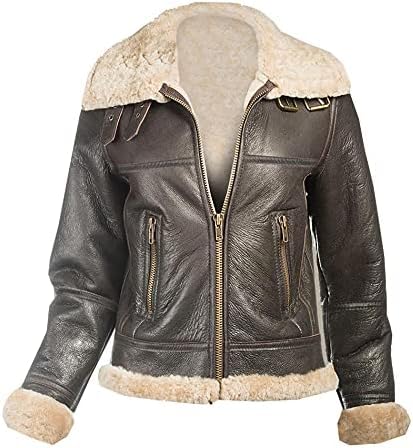 EeJays Women’s Real B3 Aviator Sheepskin Shearling Flying Jacket Fur Winter Bomber Leather Jacket (US, Alpha, Medium, Regular, Regular, Brown)