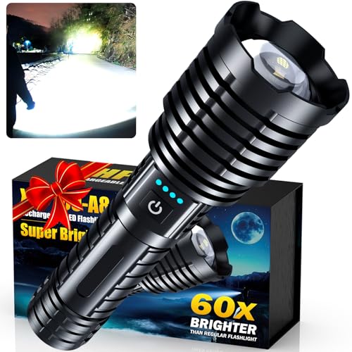 Super Bright Rechargeable LED Flashlights 5000.000 High Lumens, Flashlights High Lumens Up to 25H Long Battery Life| Zoomable| 5Light Modes| IP67 Waterproof, High Powered Flashlight for Camping Home
