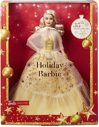 Barbie Signature 2023 Holiday Doll, Blonde Hair Wearing Golden Gown, Collectible with Doll Stand & Certificate of Authenticity