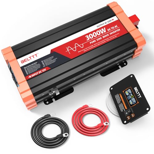 BELTTT 3000W Pure Sine Wave Inverter 12V DC to 120V AC for RV, Truck, Off-Grid, Home, Solar Car Power Inverter with Dual AC, 20A Socket, 5V 2.1A USB, Hardwire Port, Remote Controller 23Ft Cable