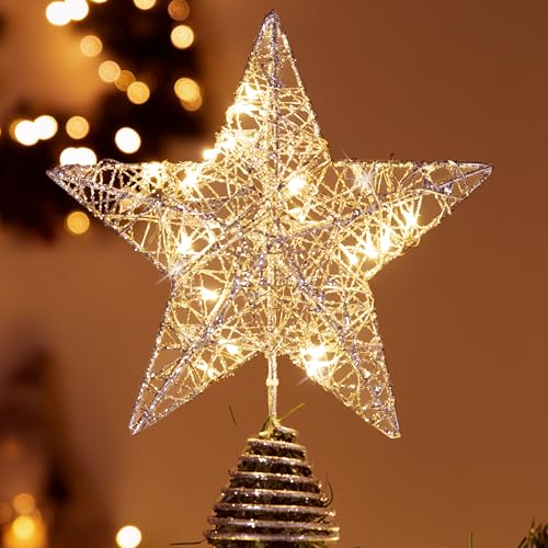 Joiedomi Christmas Tree Toppers, Glitter Silver Star Tree Topper Lighted with Warm White LED Lights for Xmas Tree Decorations, Holiday Party Indoor Decor