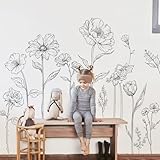 Large Black Boho Flower Wall Decals Simple Sketch Floral Wall Stickers Wildflower Peel and Stick Wall Art Decor for Girls Bedroom Living Room Office Adult Home Decor