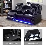 Plithzy Leather Power Recliner Sofa Set with LED, Living Room Furniture Set, Leather Sofa Set with USB Port Storage Console Cup Holder (Power Reclining Sofa Set, Black)