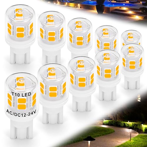 Hylroe Low Voltage T5 T10 LED Bulbs 2 Watt Equivalent 11W 18W Warm White 2700K 300 Lumen AC/DC 12-24V 921 194 Wedge Base LED Bulb for Outdoor Landscape Walkway Lawn Path Step RV Camper Lights, 10 Pack