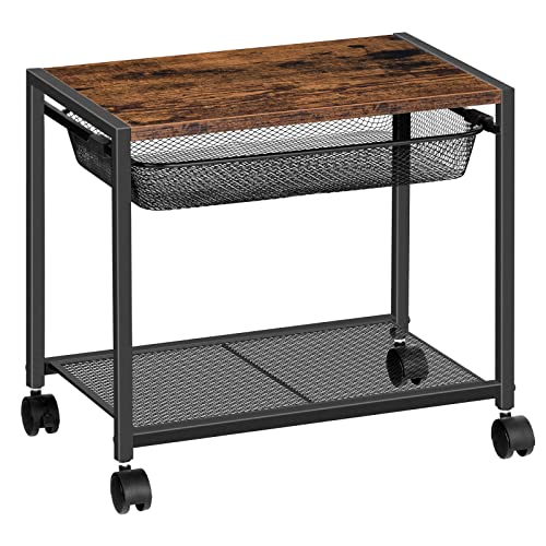 HOOBRO Under Desk Printer Stand, Industrial Printer Cart with Storage Shelf, 2-Tier Mobile Printer Table on Wheels, Heavy Duty Machine Storage Rack for Office and Home Rustic Brown + Black BF12PS01