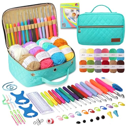 Yarniss Crochet Kits for Beginner, All-Inclusive Crochet Kit for Adults with 14 Size Ergonomic Crochet Hooks,12 Yarns Balls & Bag