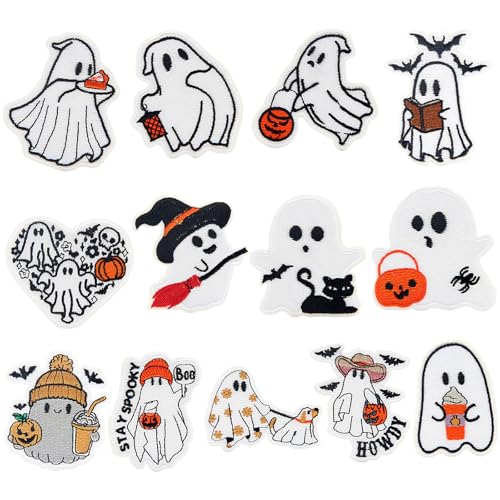 XMJY 13 Pcs Iron on Patches for Halloween - Funny Cute Ghost Pumpkin Cartoon Embroidered Patches, Sew on Repair Appliques Patches for Clothing Shoes Backpacks Hats Jeans