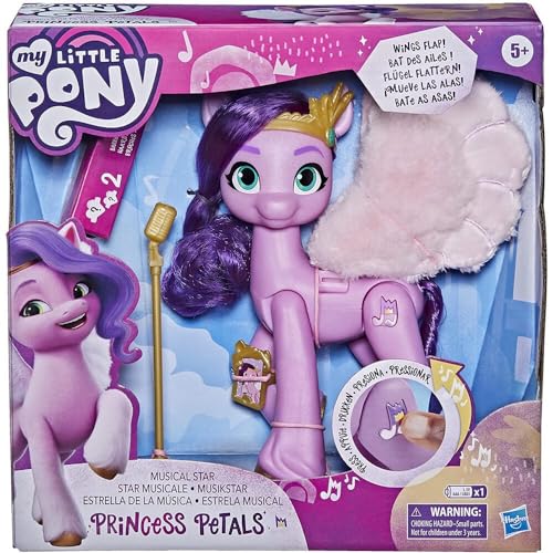 My Little Pony Hasbro, New Generation - Princess Petals Estrella de la Música, Canta y Mueve Las Alas, Juguete Interactivo para Niñas de 5 Años en Adelante, Incluye Accesorios.