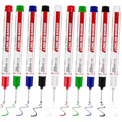 CSMGY 10 Pcs Long Head Deep Hole Marker - Long Nib Marker, Multi-purpose Deep Hole Marker Pens, Quick Dry Waterproof Colorful Carpenter Pen Markers for Construction Bathroom Woodworking