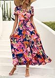 PRETTYGARDEN Women's Summer Wrap Maxi Dress Casual Boho Floral V Neck Short Sleeve Ruffle Hem Split Beach Long Dresses (Blue Orange Floral,Medium)