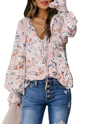 Biucly Womens Casual Floral Print Boho Clothes Loose Long Sleeve V Neck Button Down Shirts Tunic Spring Tops Blouses for Women Fashion 2025,US 4-6(S),Flower Apricot