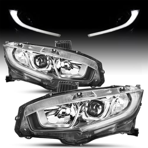 SOCKIR-2021 Honda Civic [Halogen Type w/LED DRL] OEM Projector Chrome Housing Headlight Headlamp Assembly Replacement Pair (Driver & Passenger Side)