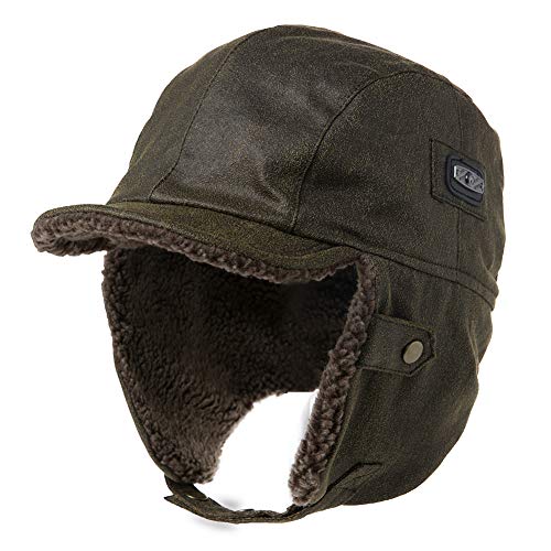 Pilot Cap for Men Winter Aviator Earflap Hat Adult Hunting Faux Leather Trapper Trooper Medium Green