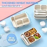 Enstphjoy 4 Pack Bento Lunch Box Set, 3-Compartment 1000ml Wheat Straw Meal Prep Containers for Kids & Adults, 4 Salad Dressing Container To Go, Microwave and Dishwasher Safe (Wheat Beige)