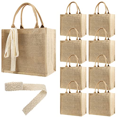 HEVMEVENI 8 Pcs Burlap Tote Bags Bulk, Reusable Jute Tote Bag with 10Yd Ribbon Blank Burlap Gift Bag with Handle Waterproof Beach Tote Bag for Shopping Bridesmaid Gifts Bag 12.2''x10.6''x6.3''