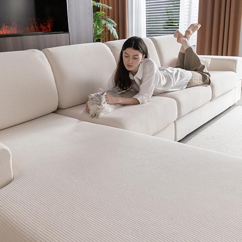OHSIO Sectional Couch Covers, Wear Resistant Stretch Sofa Covers Washable Soft Couch Cushion Covers Anti Slip Furniture Protector Sofa Slipcovers for Pets(4 Pieces 3 Seaters+1 Chaise, Ivory)