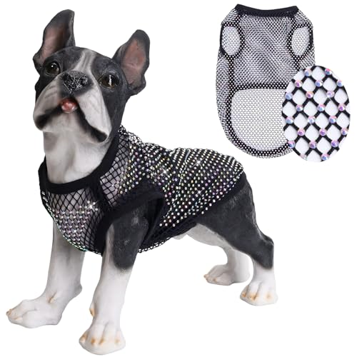 WOOFUU Dog Shirts Clothes,Pet Mesh Body Chains Diamond Short Sleeve Fishnet Crop,Tops Rhinestone See Through Cover up Shirt Cloth for Medium Large Dogs - L