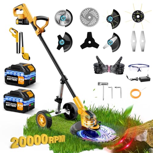 20000 RPM Heavy Duty Weed Wacker Cordless, Battery Powered Weed Eater Brush Cutter, 3-in-1 Grass Trimmer Stringless Weed Trimmer/Lawn Mower Edger W/Wheel Metal Blade, 2 Battery Garden Yard Tool