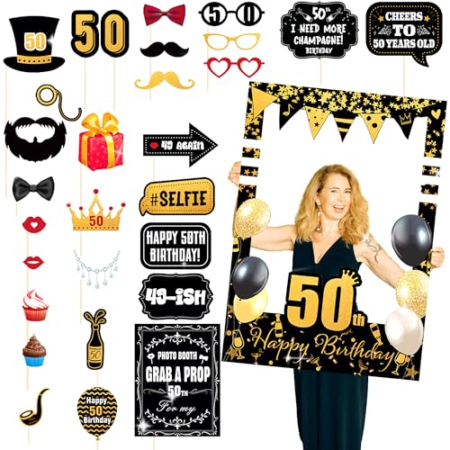 LaVenty Black Gold Glitter 50th Birthday Party Photo Booth Props 50th Birthday Photo Frame Birthday Photo Frame Birthday Party Decorations Supplies
