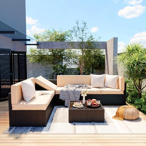 Pamapic 7 Pieces Outdoor Sectional Furniture，Wicker Patio sectional Furniture Sets，All-Weather Rattan Sectional Sofa Conversation Set with Coffee Table and Washable Couch Cushions Covers