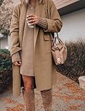 Hooever Women's Long Cardigan Wool Coat Open Front Pockets Warm Lapel Jacket Coat Fall Outerwear (Khaki-S)