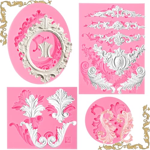 ICNYEKl 4 Pcs Baroque Scroll Relief Fondant Molds,European Vintage Mirror Frame Silicone Mold,for Cake Decoration,Marzipan,Sugar Craft,Muffin,Mousse,Gum,Home Decoration,Plaster,Polymer Clay,Resin