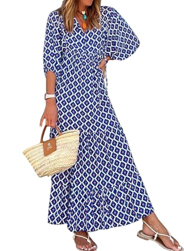 miduo Womens Dresses Fashion Beach Casual Summer V Neck Half Sleeve Pattern Bohemian Style Maxi Long Floor Dresses S