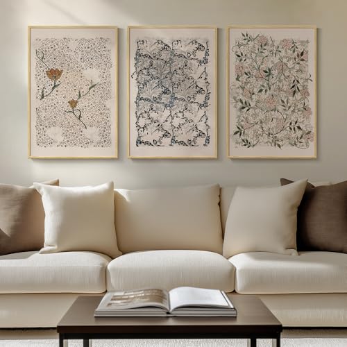 Framed Large Vintage William Morris Wall Art, Neutral Abstract Floral Canvas Artwork Prints, Rustic Boho Farmhouse Flower Botanical Picture Prints for Living Room Bedroom Hallway Office 16x24 Inch