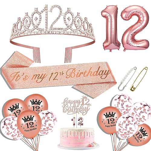 Hysilla 12th Birthday Decorations for Girls, 12th Birthday Sash, 12th Birthday Crown, 12th Birthday Cake Topper, Balloons, Pin and Candle Set, Rose Gold